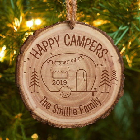 Personalized Happy Campers Christmas Tree Ornament with Cut Log