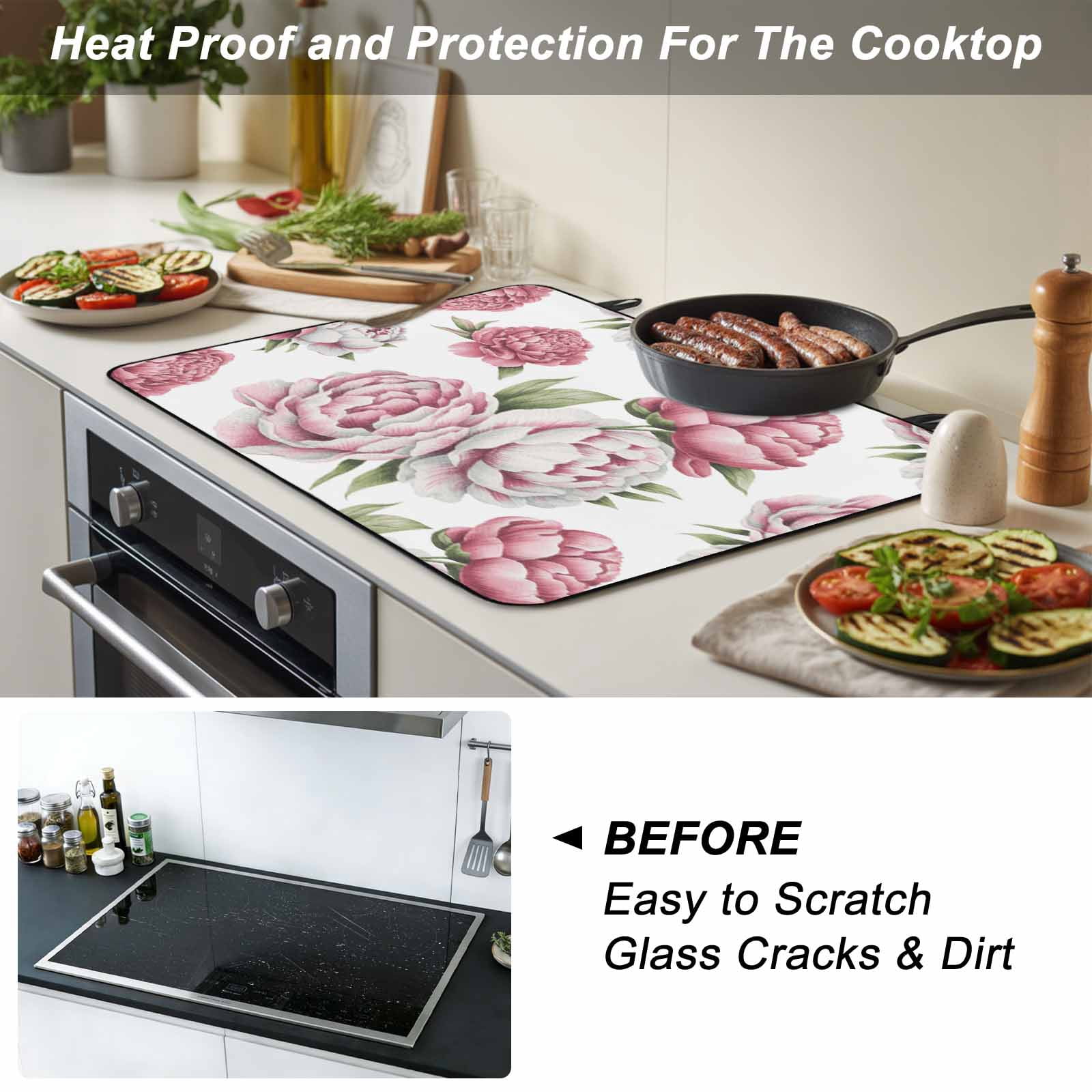 Pink Floral Stove Top Cover for Electric Stove, Heat-proof & Non Slip Glass Top Stove Cover Protector, Spring Summer Modern Flower Leaf Kitchen Flat Cooktop Rubber Mat 24x21 Inches