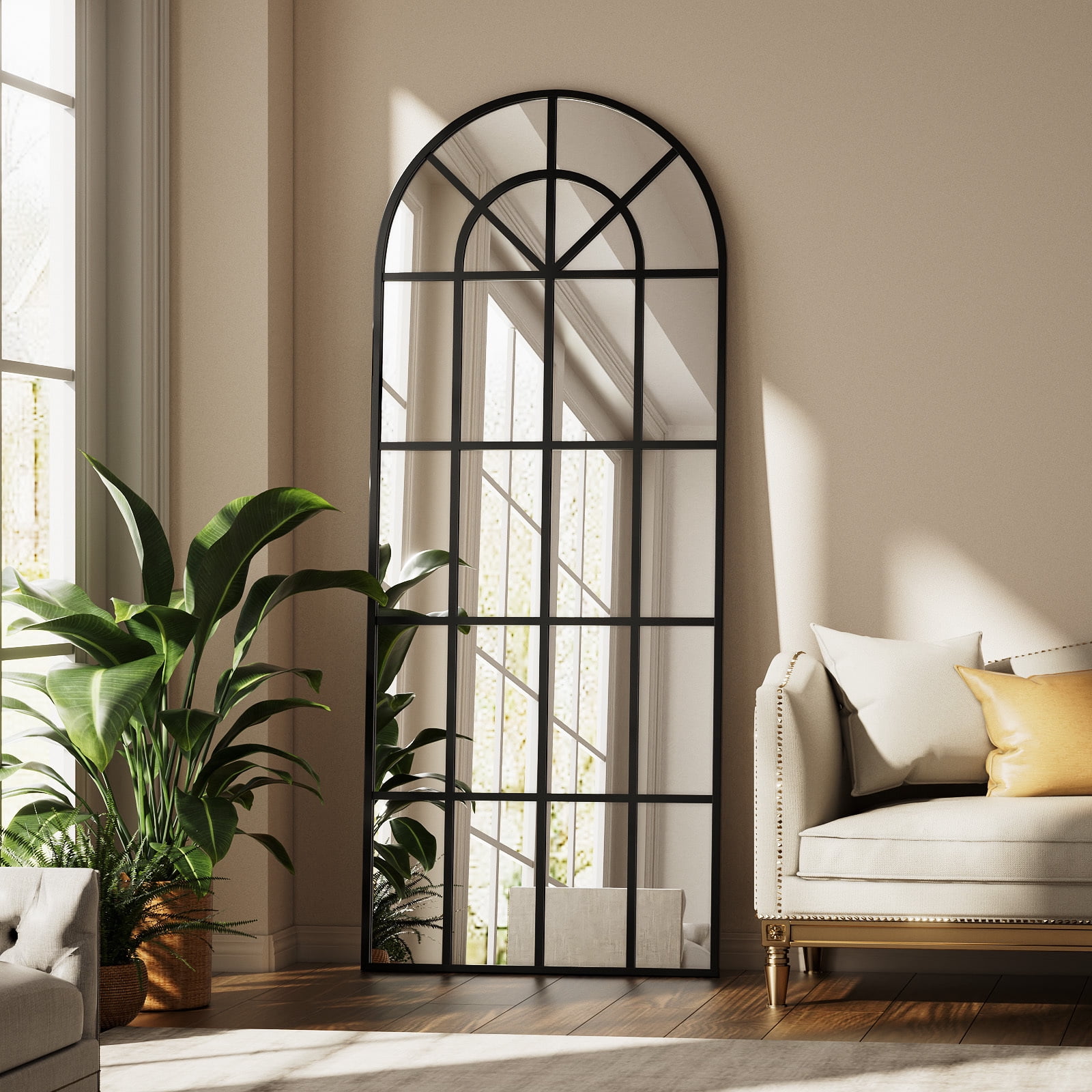 Easy4Home 24"x68" Arched Full Length Windowpane Mirror Decorative Floor Mirror Wall-Mounted, Black