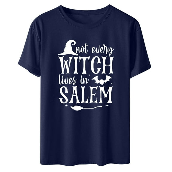 LYEAA Halloween Plus Size T Shirts Short Sleeve Crew Neck Regular Straight Cuff Casual Wear Witch Holiday Clothes Navy M