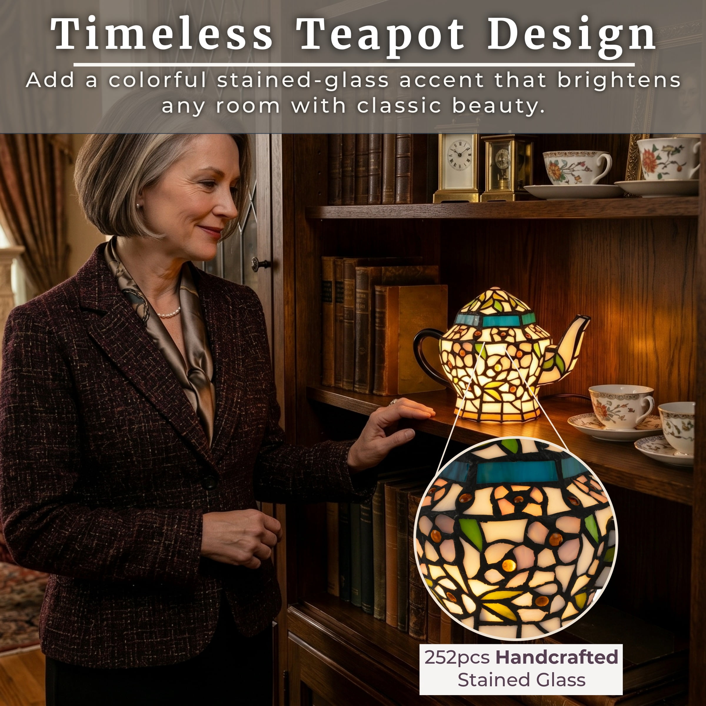 Lavish Home Teapot Lamp - Tiffany Style Stained Glass Table or Desk Light with LED Bulb Included