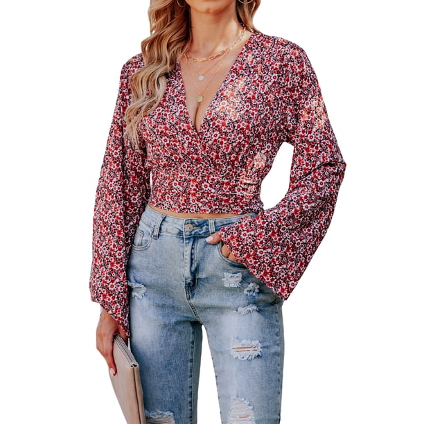 VISgogo, blusas cortas de manga larga para mujer, blusa con cuello en V y estampado floral/geométrico/leopardo, blusas simples elegantes informales VISgogo moda