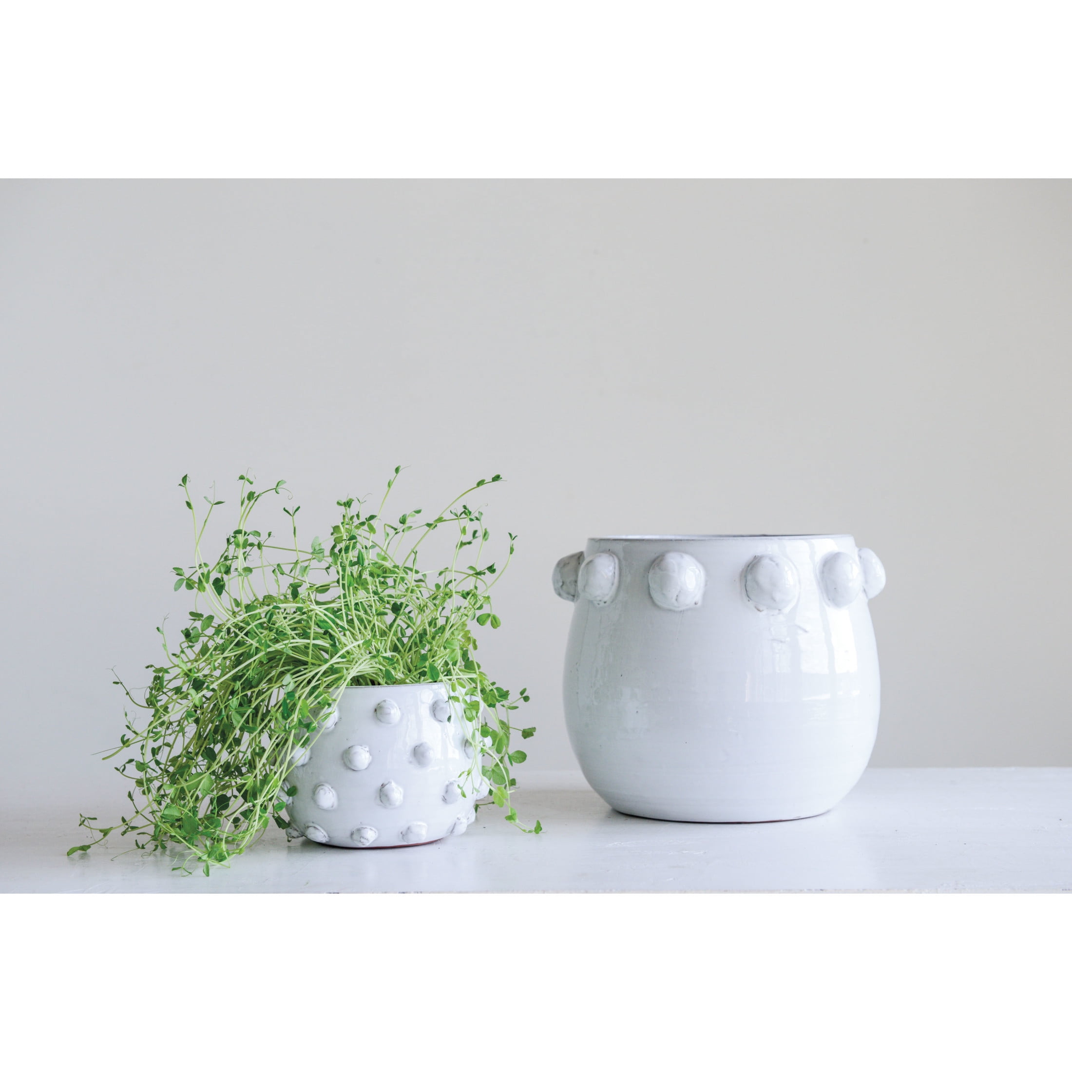 Creative Co-Op Round Terra-cotta Planter with Raised Dots Design, White