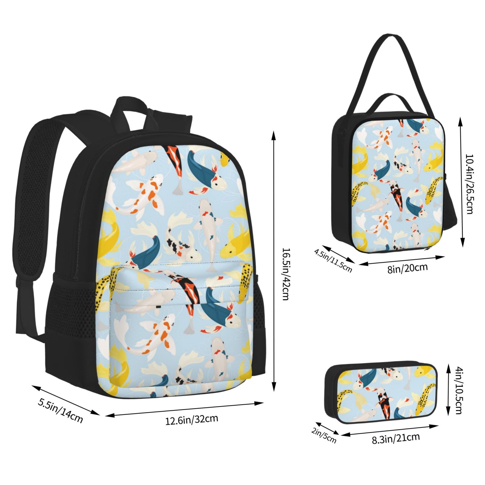 Naloa Japanese Carps Print Large Capacity Backpack Lunch Bag Pencil Case Combination 3 Piece Set for Student