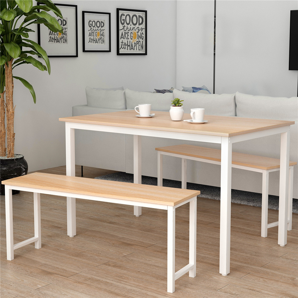 Dining Table Set with Bench, 3 Pieces Farmhouse Kitchen Table Set with Two Benches, Small Dining Table Sets with Metal Frame and MDF Board, Beige Modern Dining Furniture Set for Home, Cafeteria, L5412 - image 3 of 10