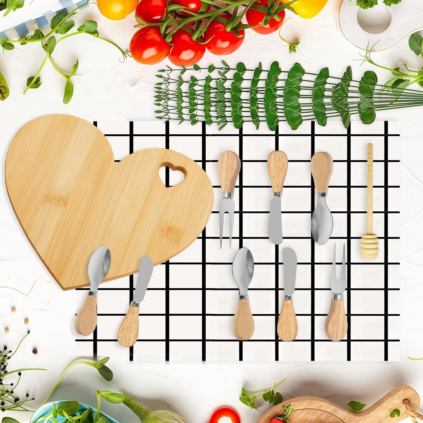 62 Pcs/6 Set Baby Shower Prizes for Game Winners, Heart Bamboo Cheese Board Gift for Guest with Knives Fork Spoon, Honey Sticks, Tablecloth, Eucalyptus Stem, Gift Bag, Bridal Shower Party Favors