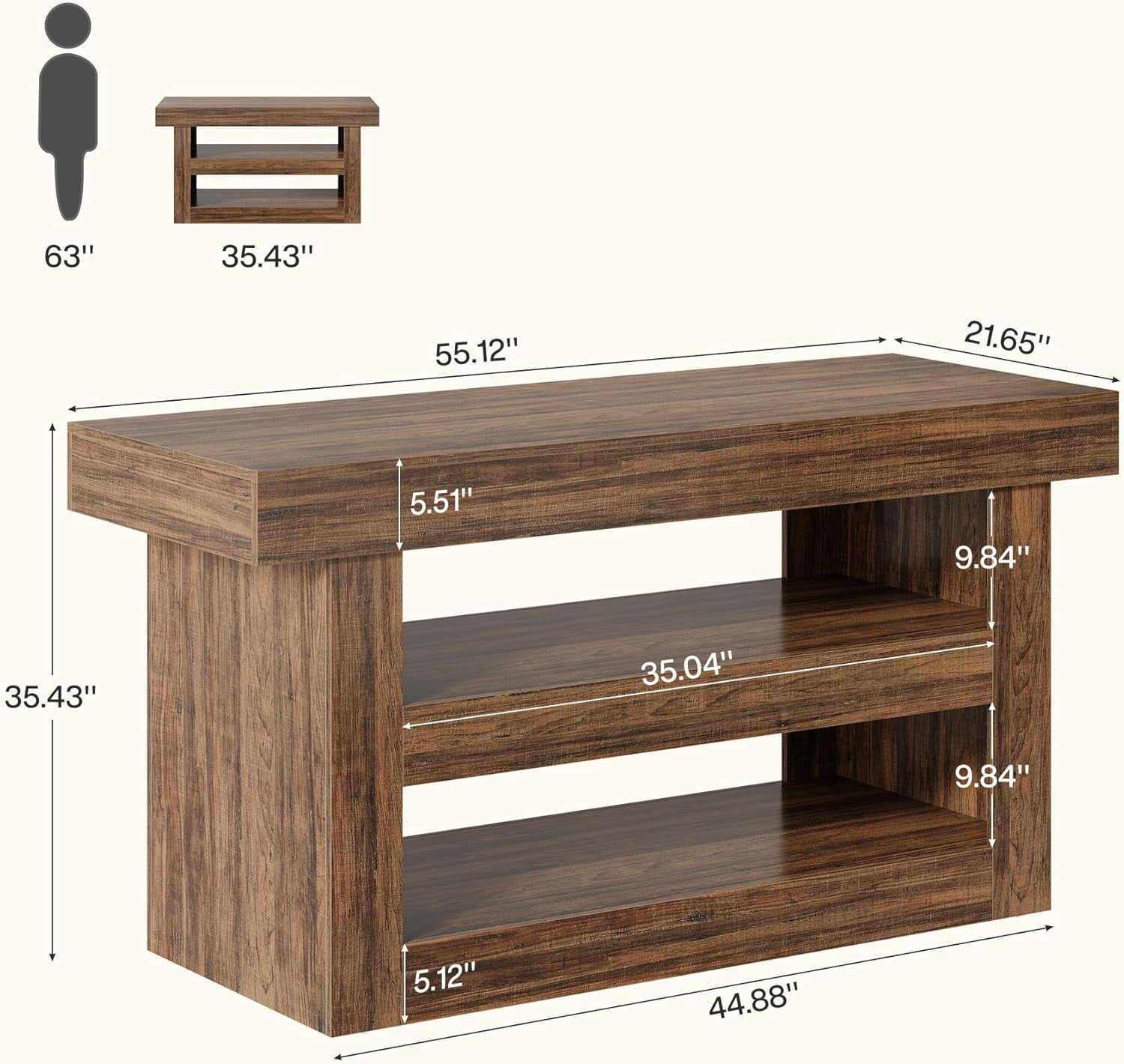 Finmind 55-Inch Kitchen Island with Large Countertop, Wooden Coffee Bar Table for Kitchen, Dining Room, Living Room, Brown