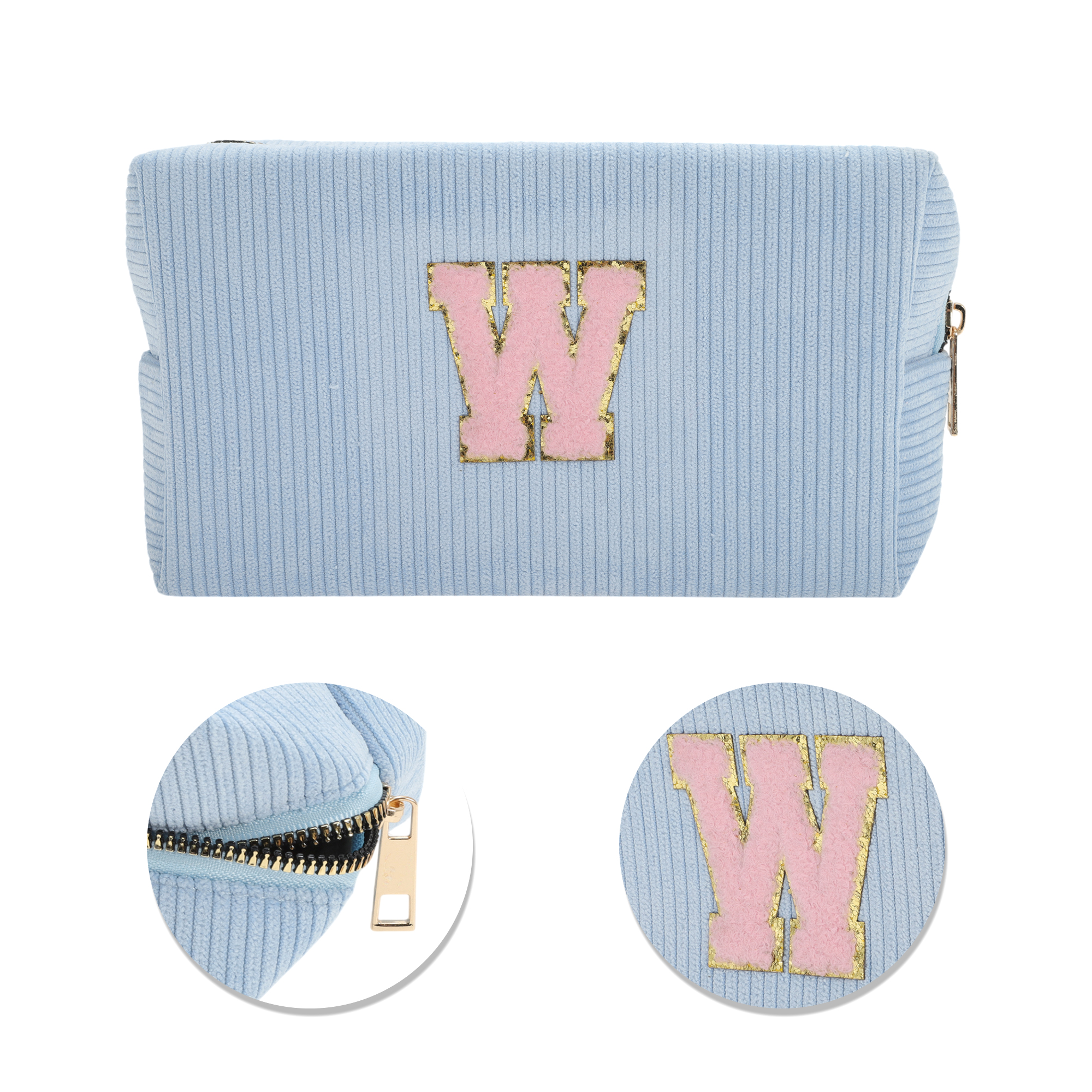 Unique Bargains 1 Pc Corduroy Rectangular Letter Makeup Bag Sky Blue [Letter W]