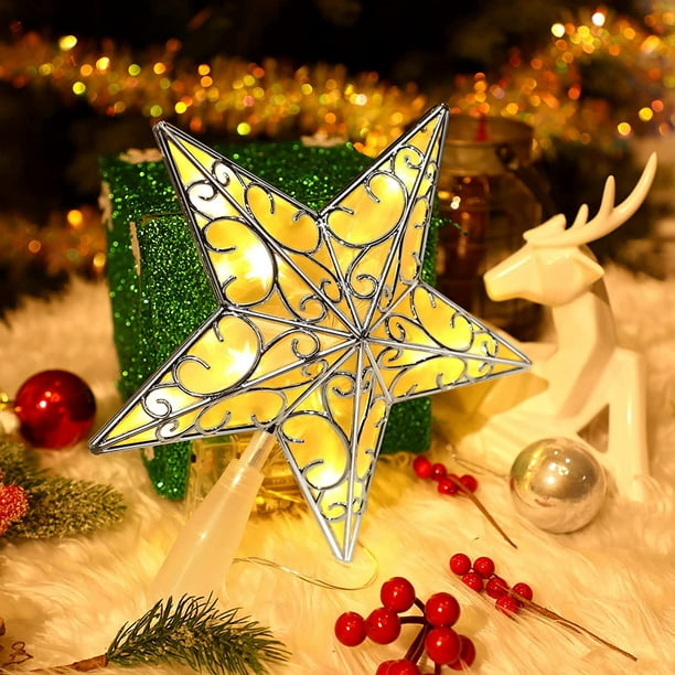 SHTUUYINGGDécoration de sapin de Noël étoile scintillante avec 20 lumières  LED pour sapin de Noël réflecteur étoile cime de sapin illuminée  décorations de sapin de Noël en plastique de Noël 