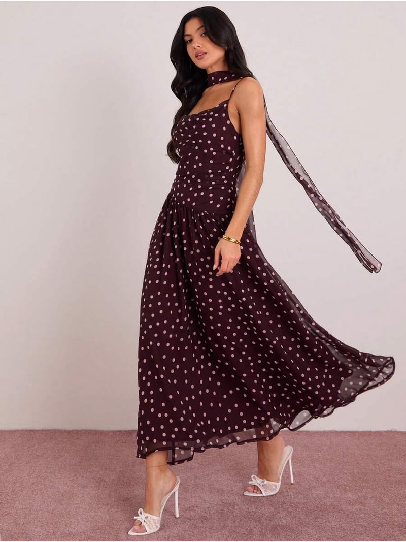 burgundy choker dress /// Burgundy Polka Dot Sleeveless Cinched Waist Maxi Dress With Choker Detail For Women, Women's, Size: Small, Red