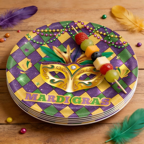 BPPEG 2026 New 20Pcs Mardi Gras Party Supplies Masquerade Mask Paper Plates Napkins Set Disposable Dinnerware Tableware for Mardi Gras Decor