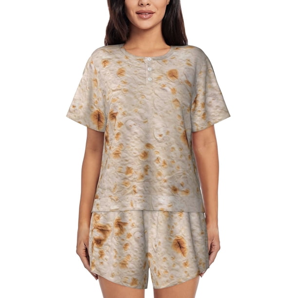 Balery Tortilla Conjunto de Pijama para Mujer con Estampado, Dos Piezas de Manga Corta y Shorts, Ropa de Dormir Suave con Cuello Redondo y Bolsillos-Large