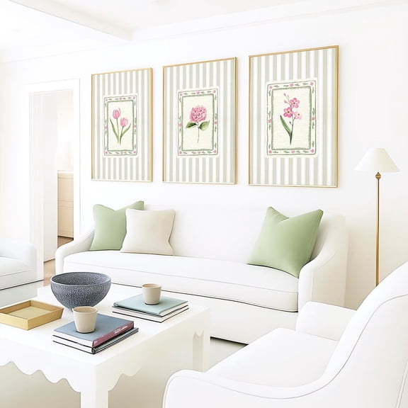 UNFFRAMED Pink & Green Floral Set Of 3 Posters, Grandmillennial Botanical Stripe Decor, Modern Southern Cottagecore Flower Wall Art , Set 3 Prints 8x12