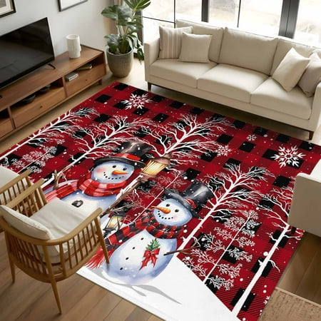 8x10 Area Rugs, Plaid Snowman, Non-Skid Rubber Backing Large Rectangle Rugs - Living Room Bedroom Home Office, Christmas Buffalo Red Black Snowflake Indoor Floor Mat Carpets Washable Rug
