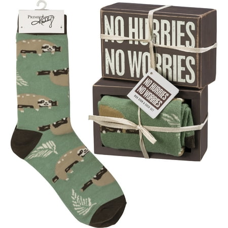 

Primitives by Kathy Box Sign & Pair of Socks Set - Sloth No Hurries No Worries