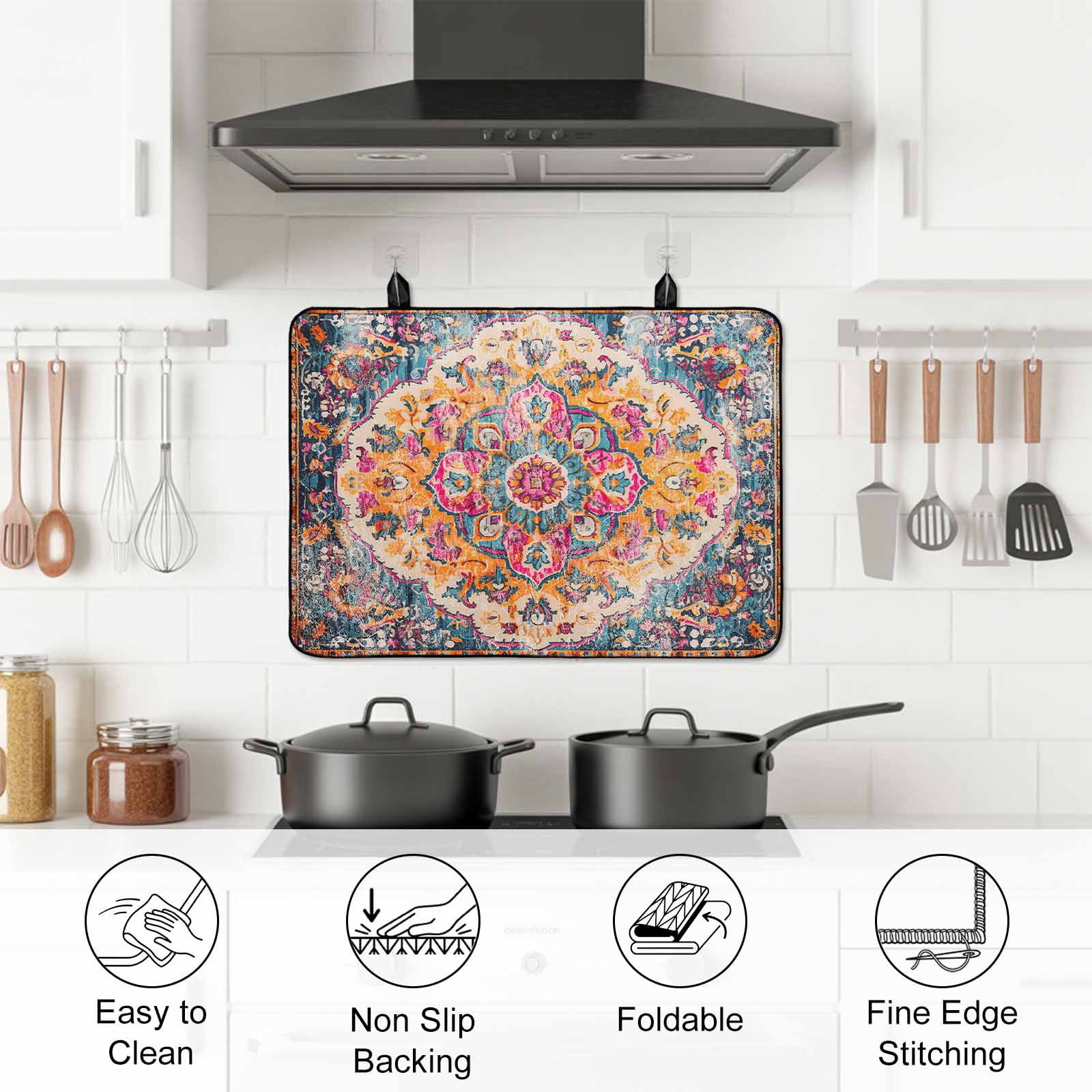 Blue Pink Stove Top Cover for Electric Stove, Heat-proof & Non Slip Glass Top Stove Cover Protector, Boho Middle Century Geometric Abstract Kitchen Flat Cooktop Rubber Mat 24x21 Inches