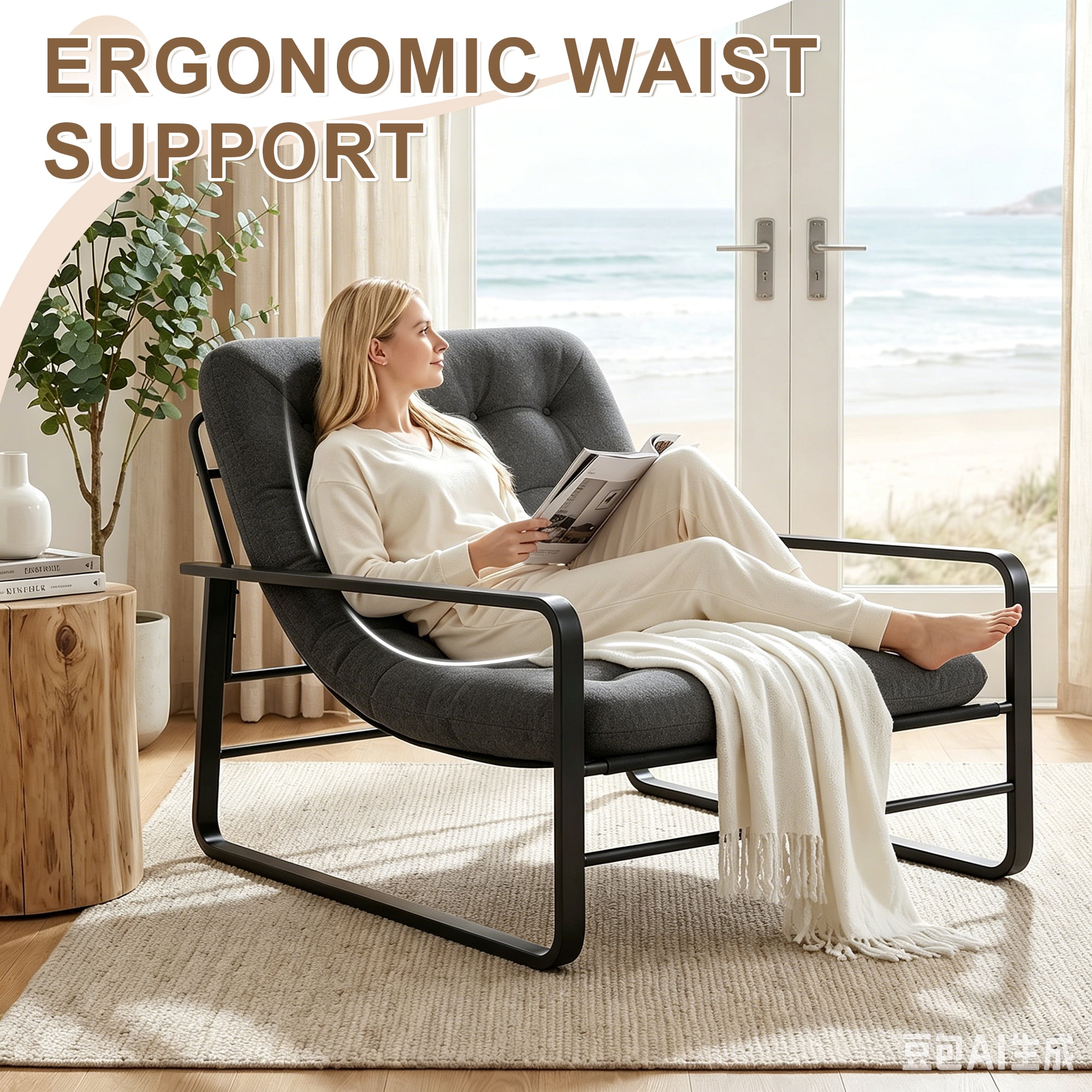 MAYEERTY 41.7" Gray Boucle Metal Frame Accent Chair, 350LBS High Density Sponge Lounge Chair for Living Bedroom Balcony