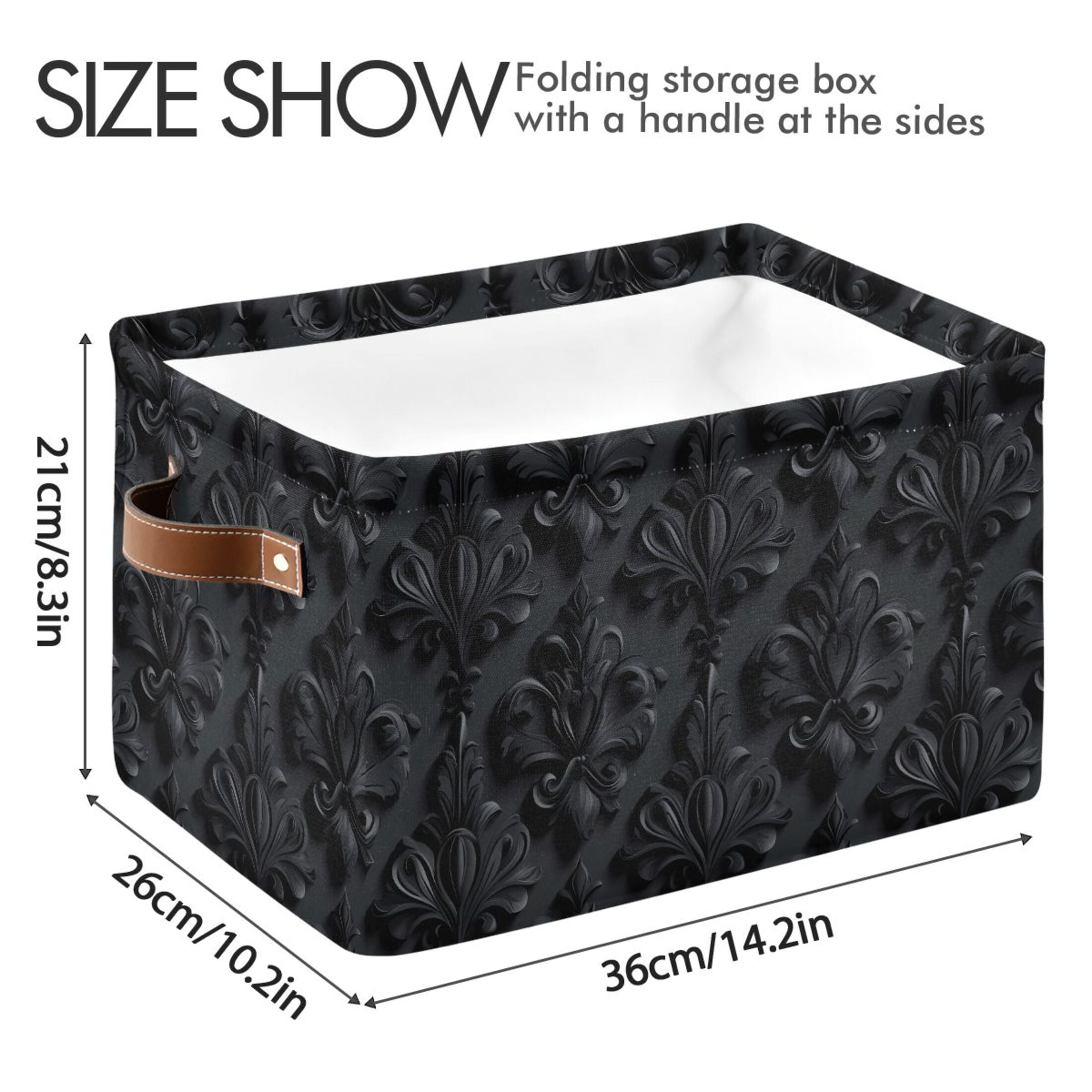 2 Pack Storage Bins with Handle Fabric Organizer Basket Foldable Box 3d Dark Black Damask 14.2x10.2x8.3