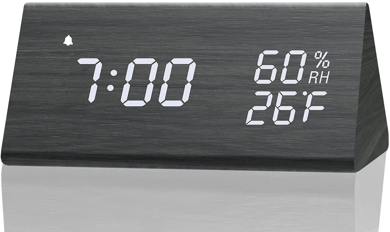 Digital Alarm Clock, with Wooden LED Time Display, 2Alarm Settings, Humidity & Temperature Wood Made Electric Clocks , Bedside… - Walmart.com