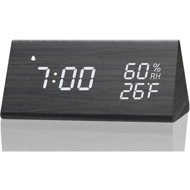 Reloj despertador digital, con pantalla de tiempo LED electrónica de madera, 3 ajustes de alarma, detección de humedad y temperatura, relojes eléctricos de madera para dormitorio, mesita de noche Fokelyi WMYD-56-1