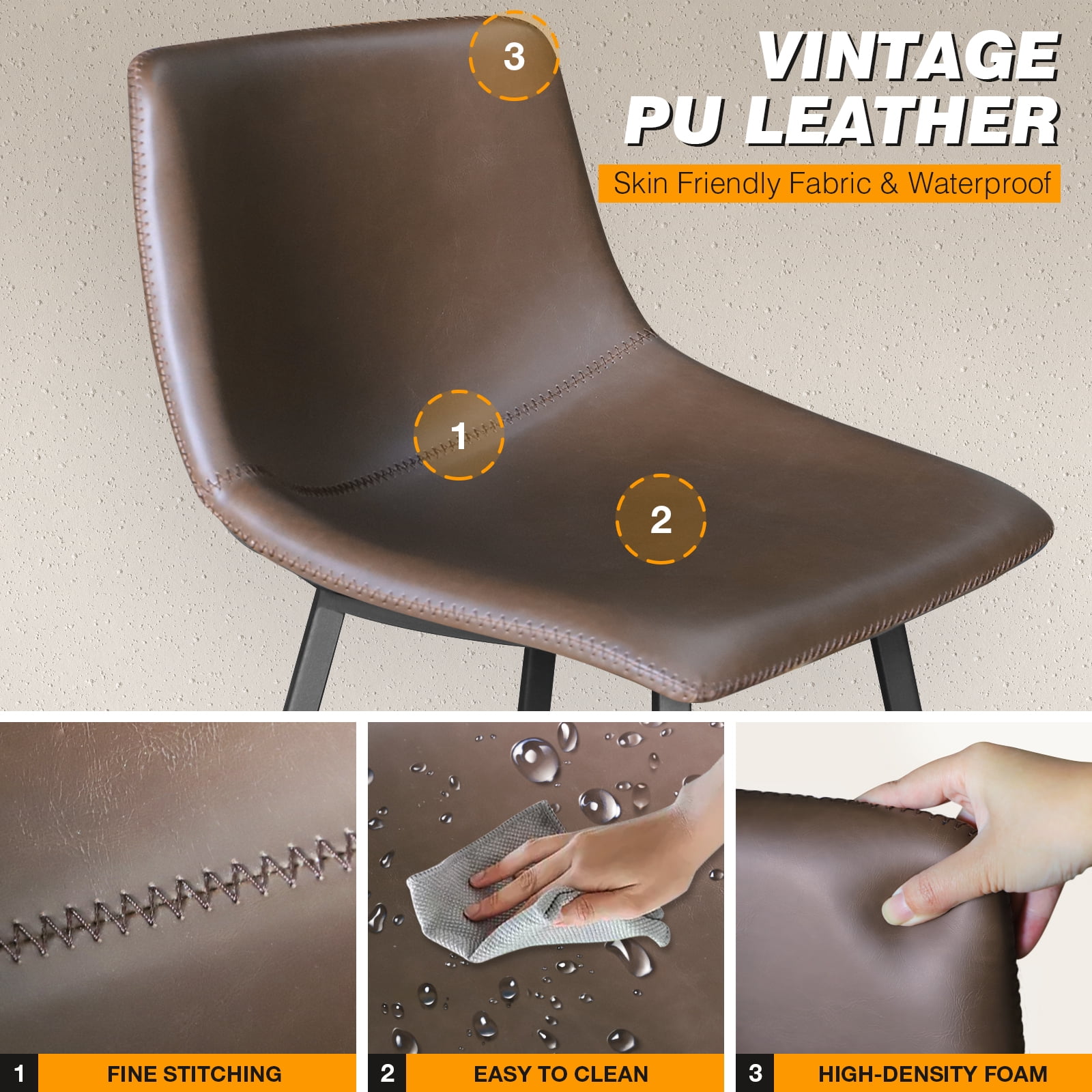 TAVR Furniture 600 lbs Counter Height Bar Stools Set of 3, 24 inch Faux Leather Barstools with Back, Bar Chairs with Metal Legs for Kitchen Island, Dining Room, Brown
