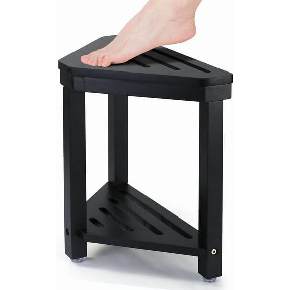 Shower Foot Rest 14in, Acacia Wood Shower Stool for Shaving Legs, Waterproof Corner Shower Stool with Storage Shelf for Inside Small Shower Spaces, Black