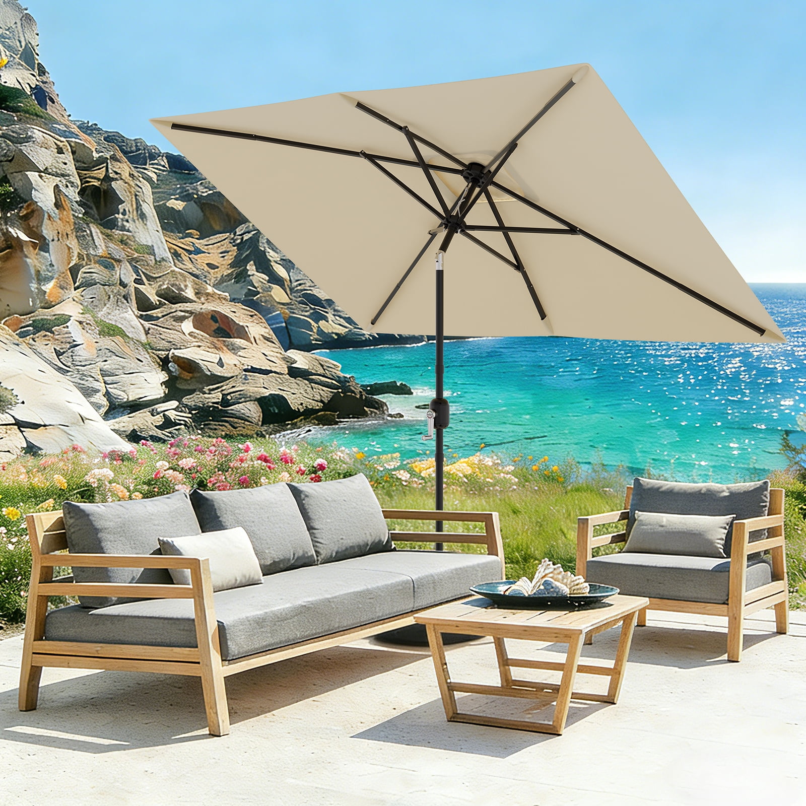 10' x 6.5' Patio Umbrella, Outdoor Table Umbrella, Metal Pole Square Outdoor Umbrella with Crank and Push Button Tilt,  Market Umbrella Sun Umbrella for Garden, Deck, Lawn, Pool-No Lamp&No Base