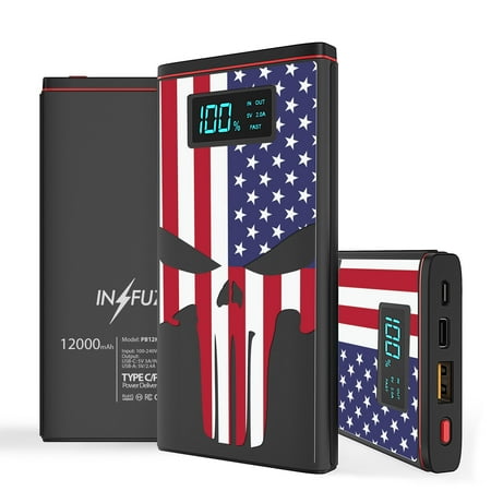 

INFUZE Portable Charger for Samsung Galaxy A12 Power Bank (18W Power Delivery USB-C/USB-A Ports 12000mAh Capacity USB Cables with Touch Tool) - USA Skull