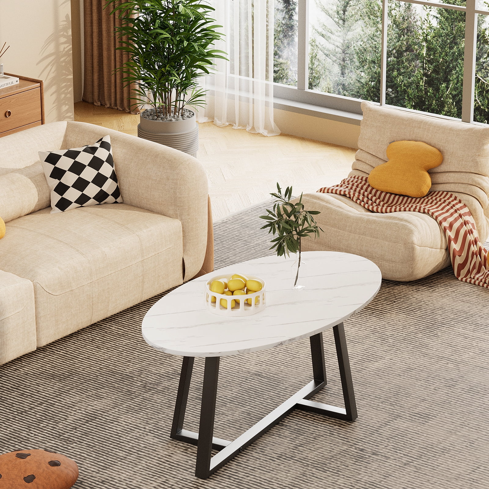 Wolawu Black Faux Marble Rectangular Tea Table, High-Density MDF Top, Solid Metal Sled Frame, Modern Industrial Design