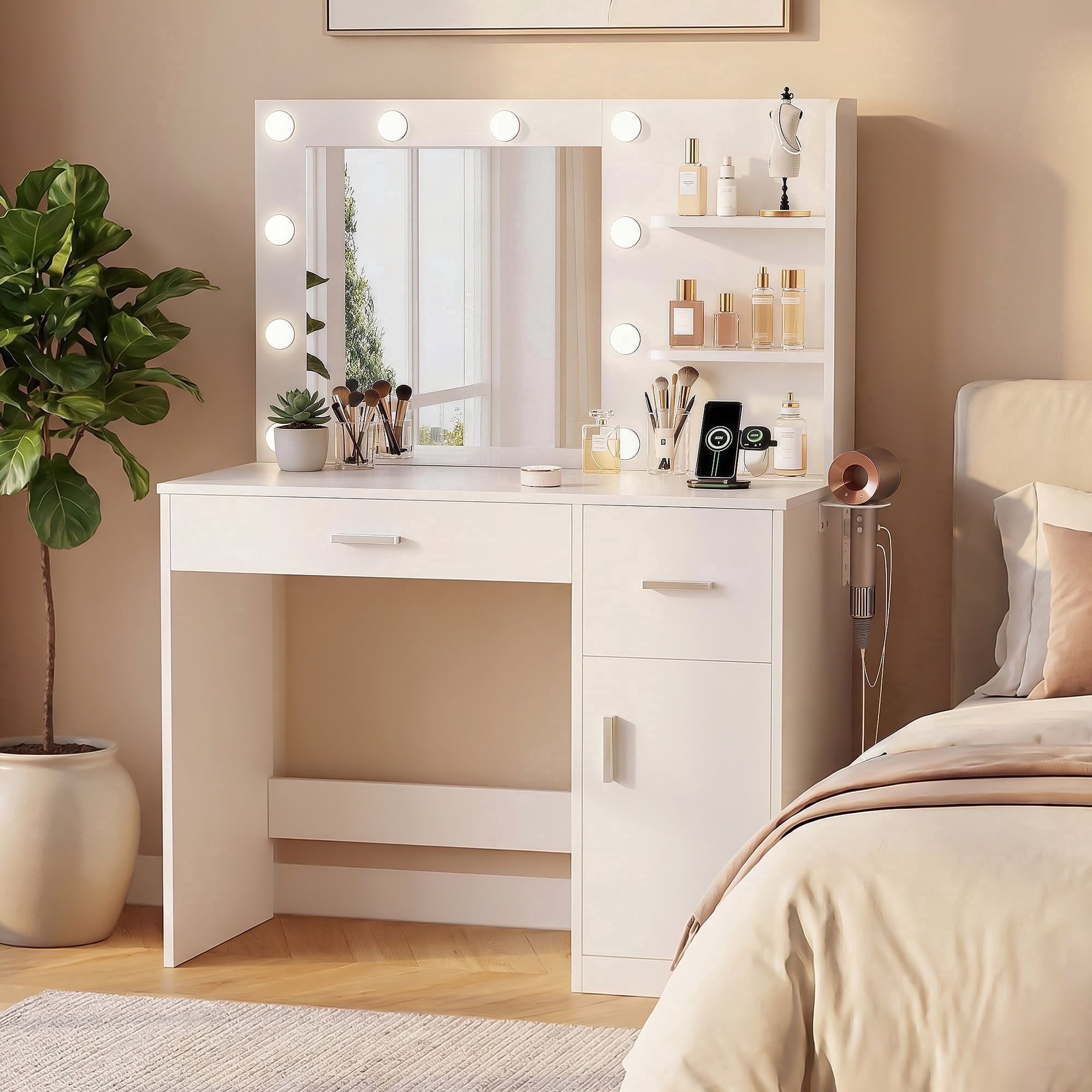 Vineego Makeup Vanity Desk with Mirror, Vanity Set with Charging Outlets and LED Lights, Vanity Table with Storage Shelves Drawers and Cabinet for Bedroom Dressing Room, White