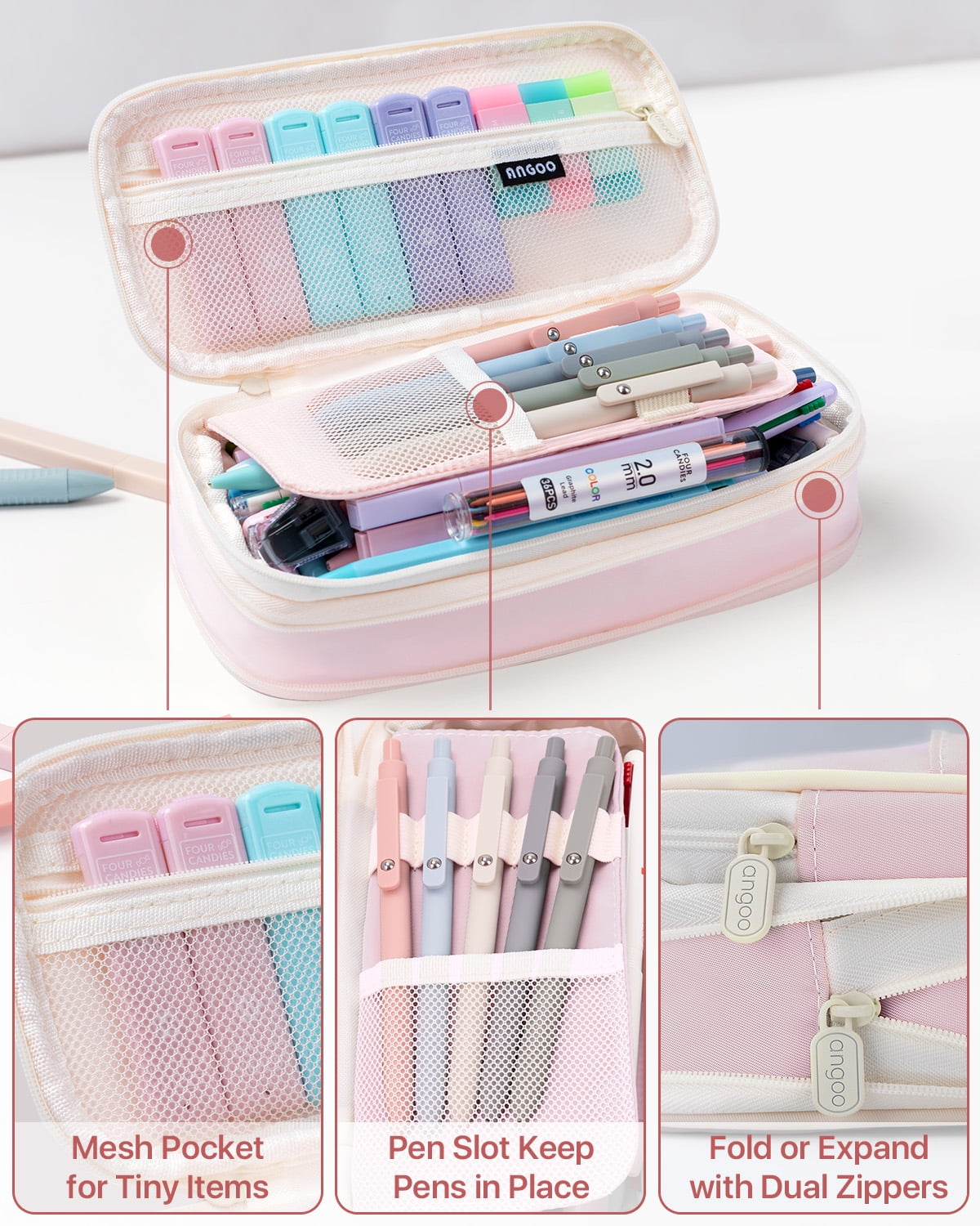 Four Candies 56 PCS Aesthetic Supplies with Large Pencil Case, 6 Colored Ballpoint Pens, 12 Pastel Highlighters, 5 Black Ink Gel Pens, 9 Mechanical Pencils 0.5-2.0mm Essentials (Pink)