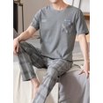 2 PCs mens soft cotton letter print short sleeve pajama tops & plaid