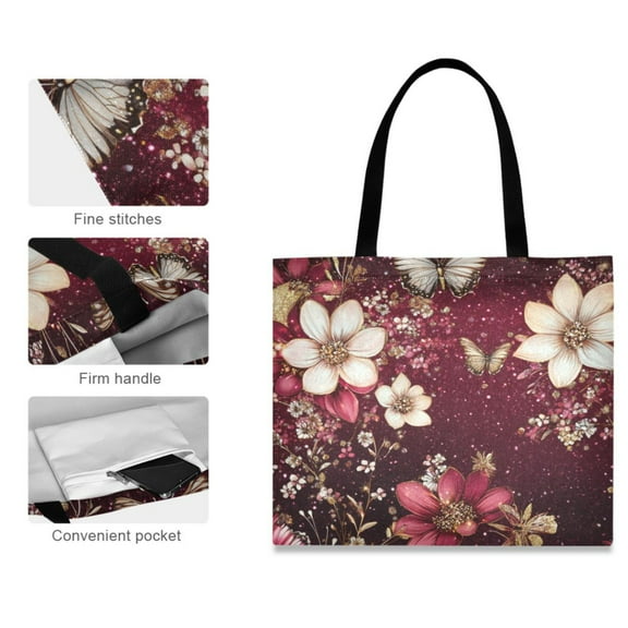 Canvas Tote Bag for Women Girls Design Print Blossoms and Butterflies on Burgundy Tote
