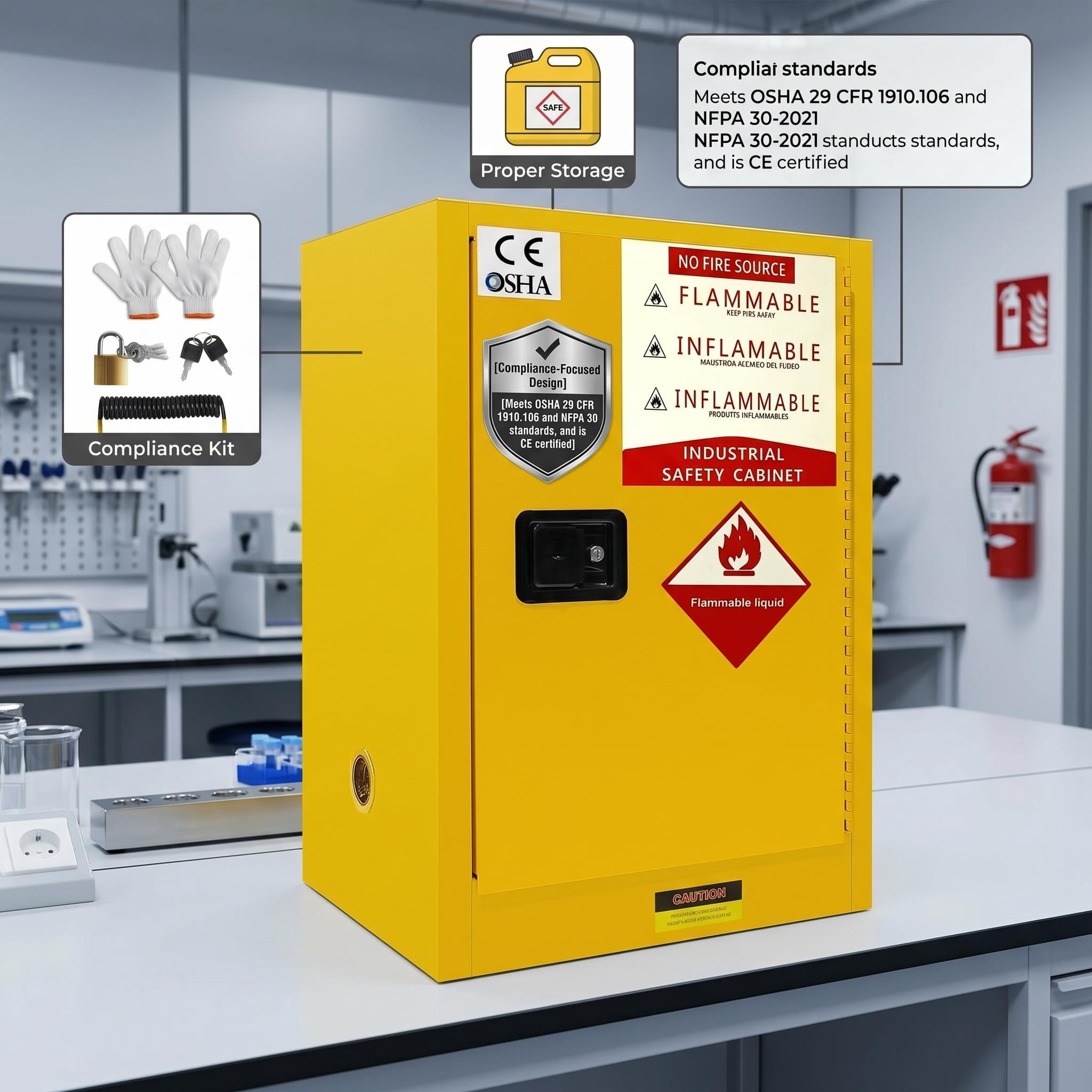 12 Gallon Flammable Storage Cabinet 35H x 18.11D x 23.23W - OSHA, Galvanized Steel Flammable Cabinet, Adjustable Shelf for Commercial Industrial Home Use