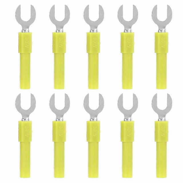 10 Pack Fork Spade Wire Connectors, Brass Y-Type Banana Plugs, 6mm/0.2in Size, 4mm/0.2in Hole, 30Vac 60Vdc Max, 10A Yellow