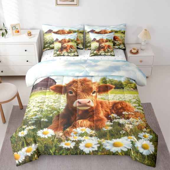 Castle Fairy Highland Cow Twin Bedding Sets,Floral Daisy Bedding Comforter Set