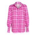 thumbnail image 5 of JGGSPWM Womens Shirts Pink Plaid Long Sleeve Pullover Tops Cute Sweet Classic Button Down Balloon Cuff Sleeve Lapel V Neck Blouse Hot Pink XL, 5 of 6