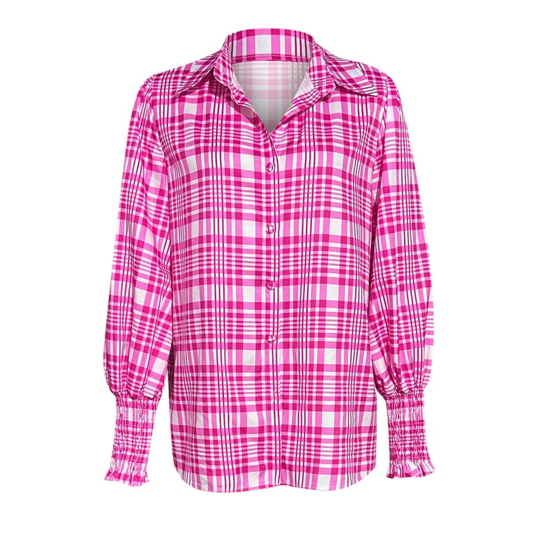 JGGSPWM Womens Shirts Pink Plaid Long Sleeve Pullover Tops Cute