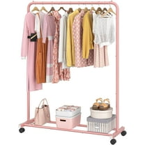 Pink Rolling Clothes Rack with Storage Shelves, Hanging Organizer on Wheels for Closet Space Saving