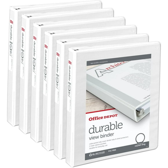 Office Depot Brand Durable Round-Ring View Binders 1"" Rings White Pack of 6 Binders