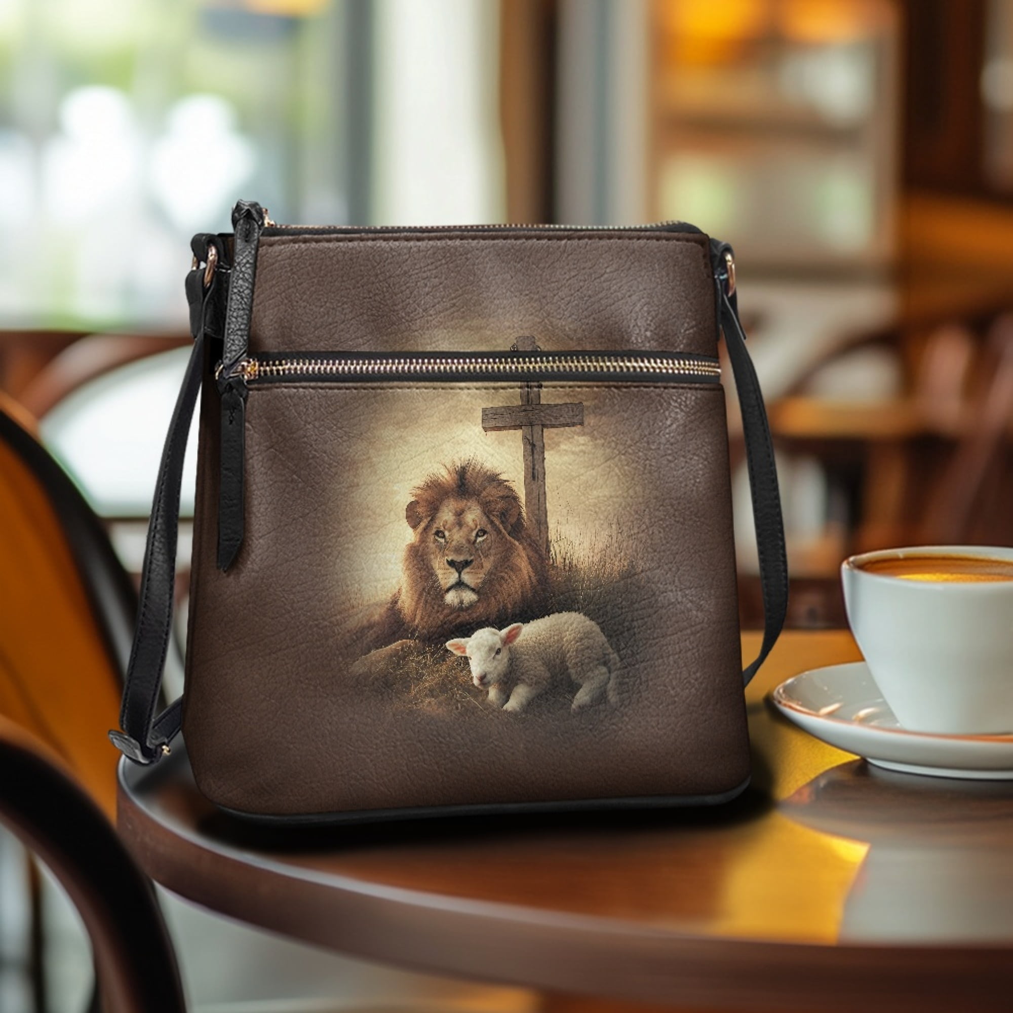 Kuiaobaty Lion Lamb Cross Print Crossbody bag for Women, Medium Size Portable Leather Satchel Purse with Adjustable Strap, Lightweight Messenger Handbag Crossbody for Travel