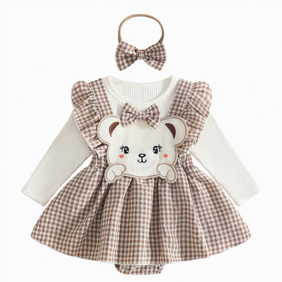 Gerichy Newborn Baby Girl Fall Winter Outfit Set Plaid Romper Dress Ruffles Long Sleeve Clothes Jumpsuit with Bow Headband 0-18 Months