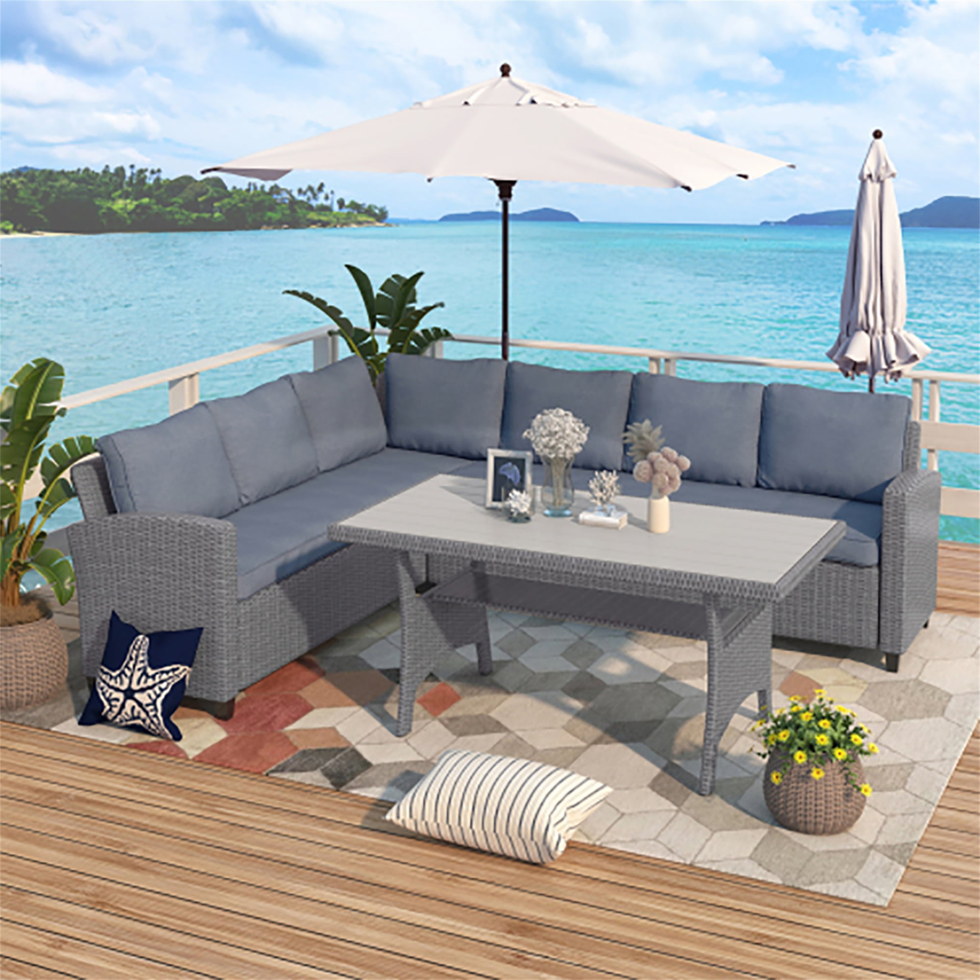 Kadyn Sectional Sofa, Patio Outdoor Furniture L Shape Sofa, Conversation Set All Weather Sectional Sofa Set with Table and Cushions, Gray