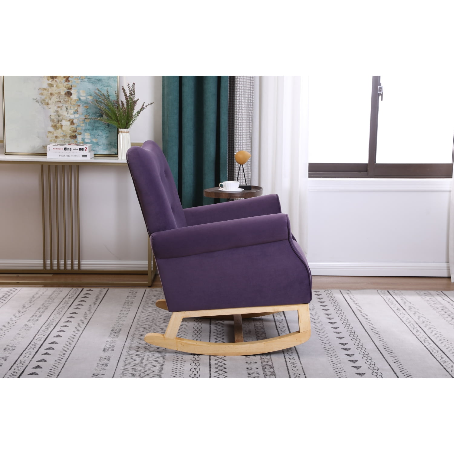 Living Room Rocking Chair, Modern Velvet Upholstered Accent Rocker Chair with Padded Seat and Wood Legs, High Back Glider Rocking Arm Chair for Nursery Baby Room Bedroom, Purple