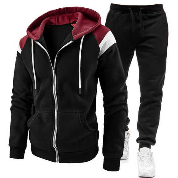guisaled Mens Sweatsuit 2 Pieces Set Casual Jogging Athletic Hooded Tracksuits Long Sleeve Full Zip Color Blocks Workout Sportwear Outfit Sales
