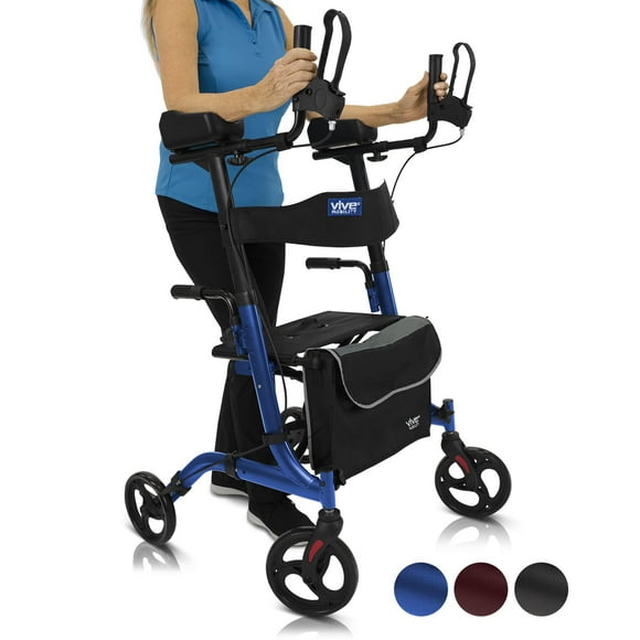 Andador vertical Vive Mobility con asiento para personas mayores y mujeres. Andador con ruedas, reposabrazos, resistente y plegable. Ayuda médica para caminar (azul, bolsa negra).