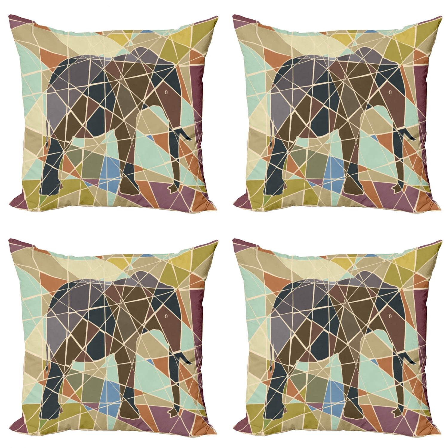 Elephant Throw Pillow Cushion Case Pack of 4, Mosaic Design Animal in