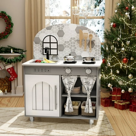 Pirecart Kids Wooden Kitchen Playset, Toddler Pretend Play Kitchen with Clicking Knobs and Cooking Accessories, Gift for Age 3+ Boys and Girls, Gray