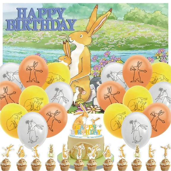 32 PCS For Guess How Much I Love You Theme Party Decorations,With 5*3ft Birthday Backdrop Decorations,18 Balloons,13 Cupcake Toppers for Birthday Party Decorations