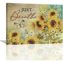 Farmhouse Sunflower Just Breathe Wall Art Yellow Butterfly Floral Pictures Wall Decor Canvas Prints Framed Painting Artwork for Bathroom Kitchen Bedroom Living Room Office 16"x12"